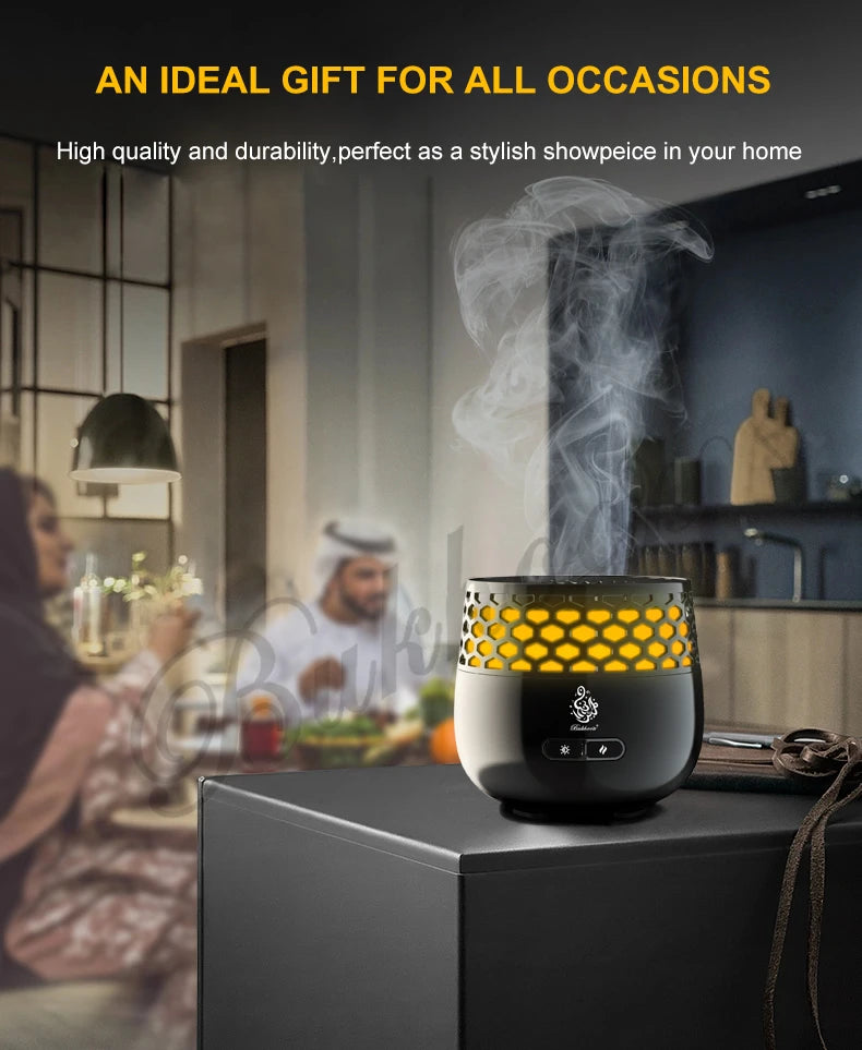 Seven-Light Electric Bakhoor Burner, black and gold with yellow hex light grille and smoke
