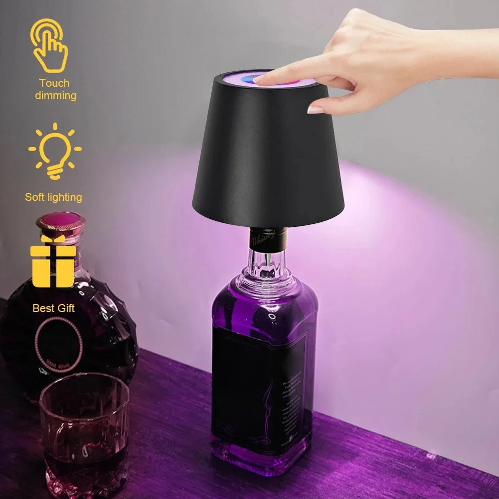 Black wine bottle LED lamp with touch control on top, soft multi-color glow