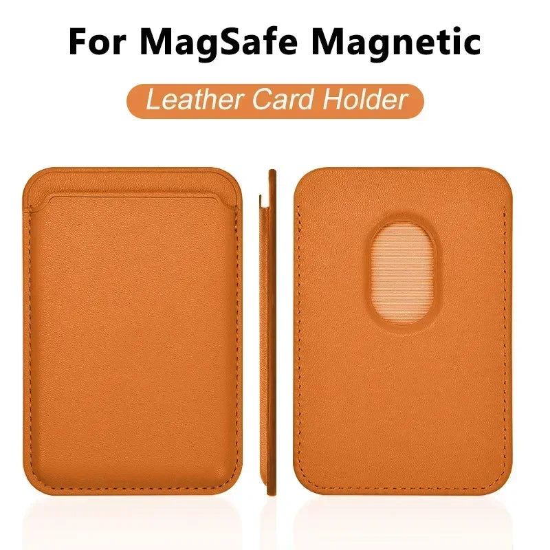 Magnetic card holder, orange leather; front pocket, back oval slot, side magnet strip