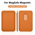 Magnetic card holder, orange leather; front pocket, back oval slot, side magnet strip