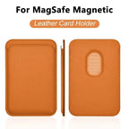 Magnetic card holder, orange leather; front pocket, back oval slot, side magnet strip
