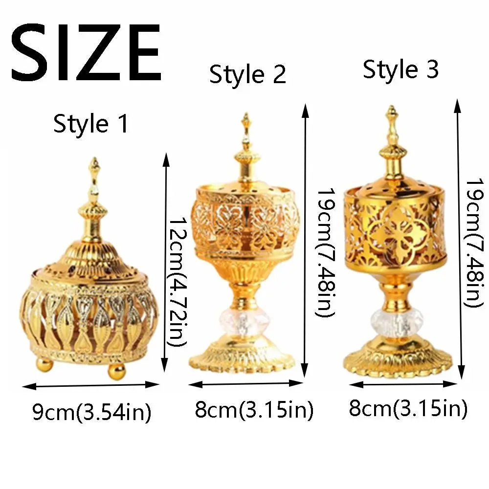 Size chart for Arabian gold lattice incense holder: Style 1, Style 2, Style 3