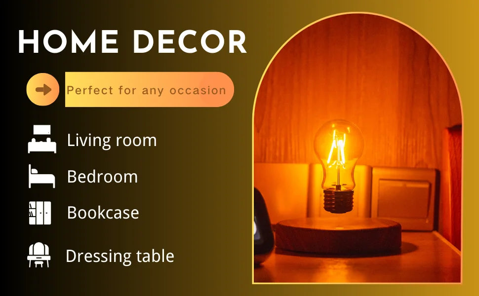 Warm glowing bulb on round wood base for bedroom or living room decor