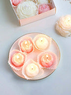 Floral candle set: round tray of pink and white rose-shaped tea lights