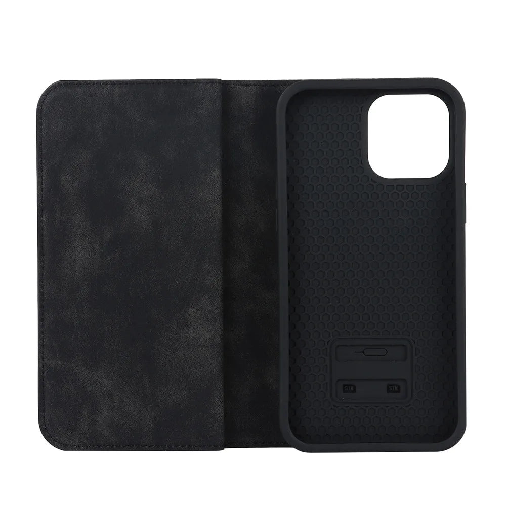 Black MagSafe wallet folio with front cover and textured phone back case