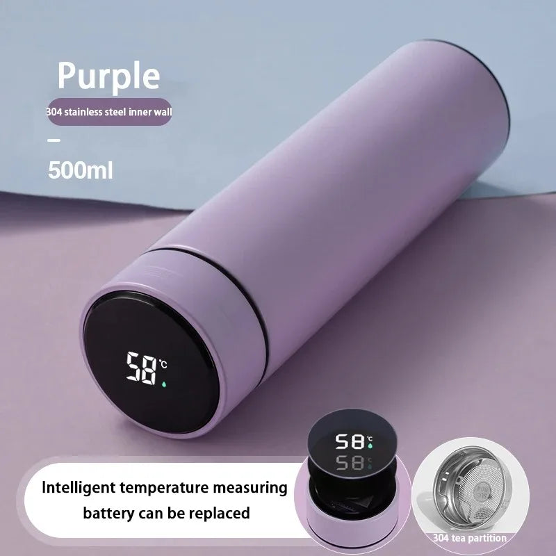 Purple smart thermos with digital temperature display and tea infuser accessory