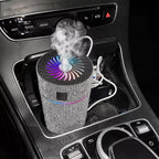 Silver glitter car aroma diffuser with rainbow-lit fan top and vapor cloud
