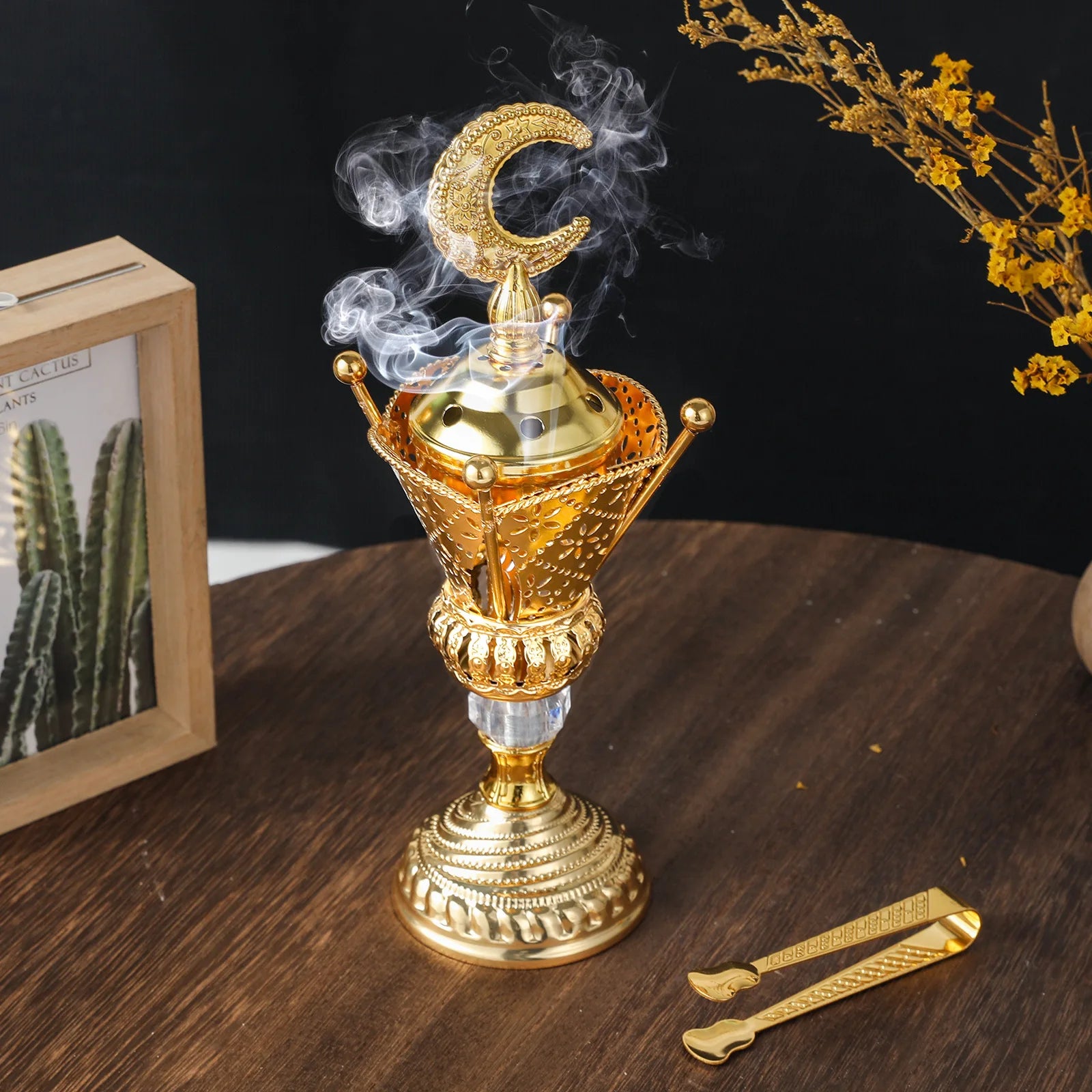 Brushed gold mabkhara standing set, with smoke plume from top bowl