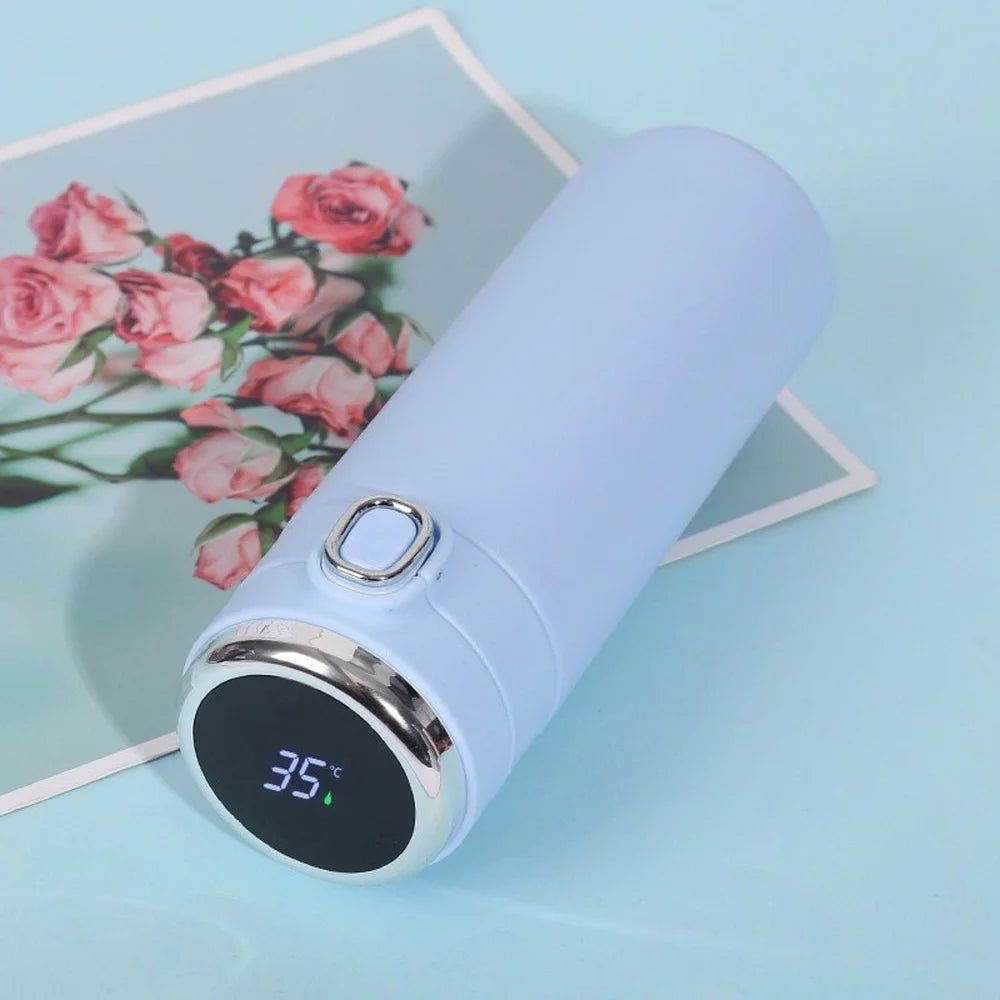 Blue 400ml smart thermos with digital temperature display and chrome ring