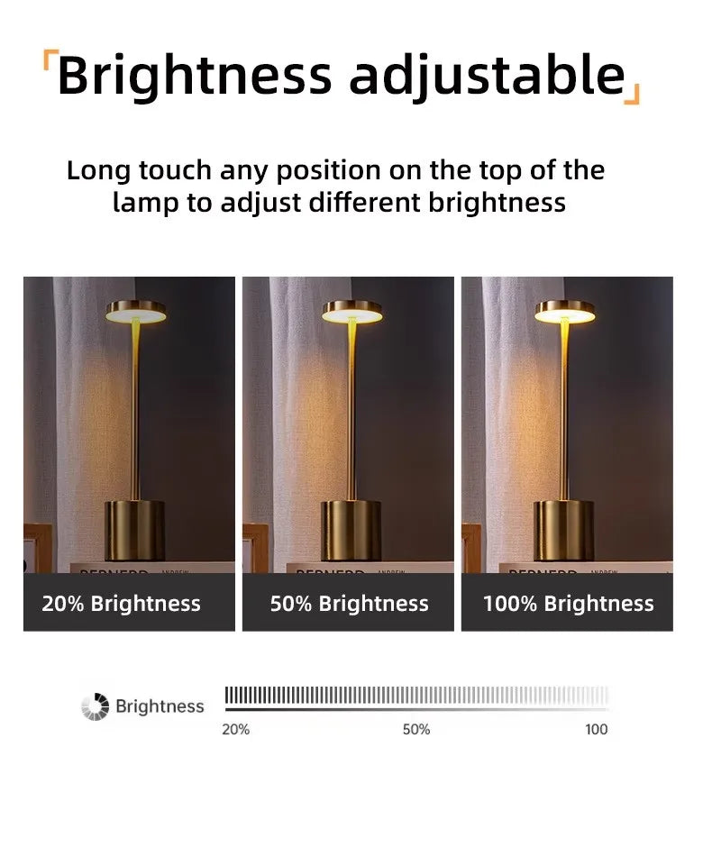 Portable LED touch lamp, gold finish showing adjustable brightness 20%, 50%, 100%