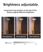 Portable LED touch lamp, gold finish showing adjustable brightness 20%, 50%, 100%