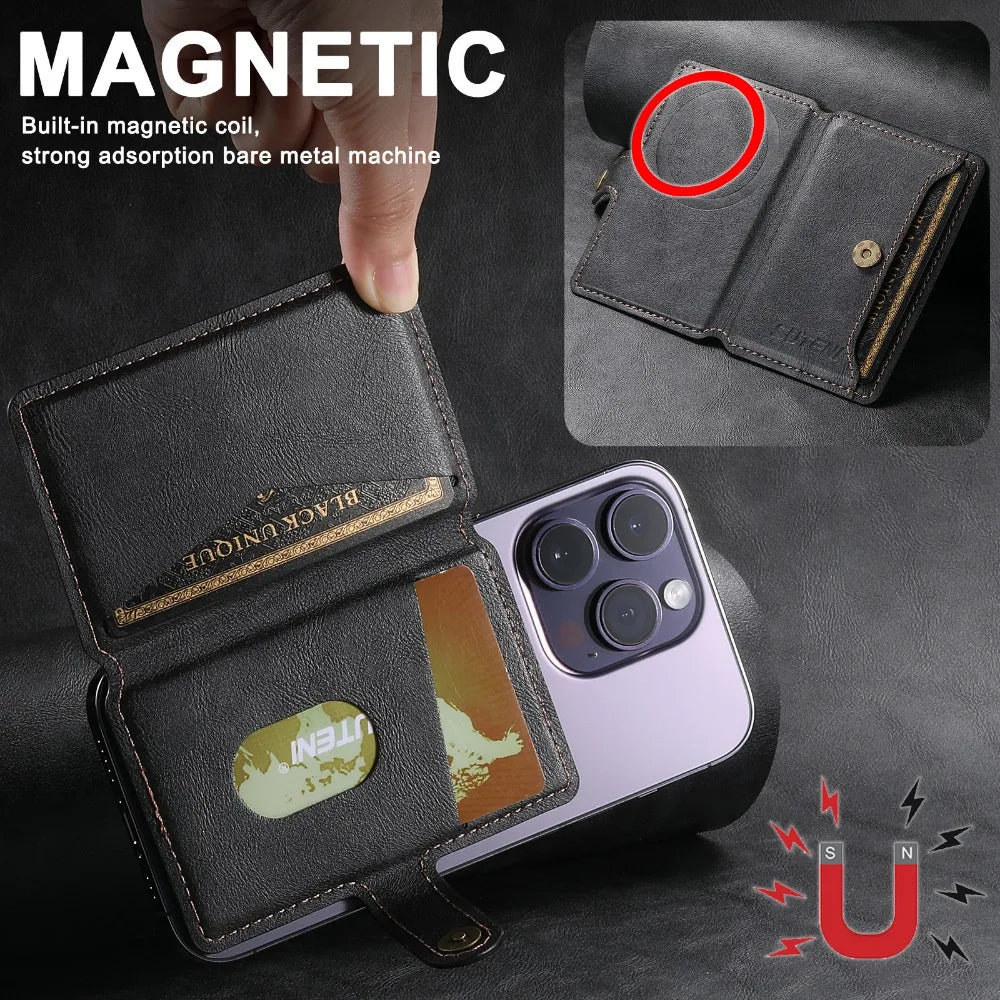 Dark leather MagSafe phone wallet open view with card slots and embossed magnetic circle