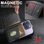 Dark leather MagSafe phone wallet open view with card slots and embossed magnetic circle