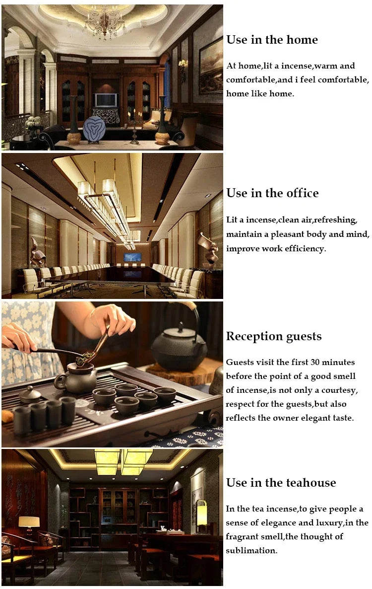Incense burner used in home, office, reception, and tea house shown with text panels