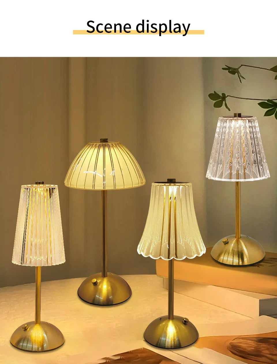 Set of cordless night lamps: golden and clear shades with round gold bases