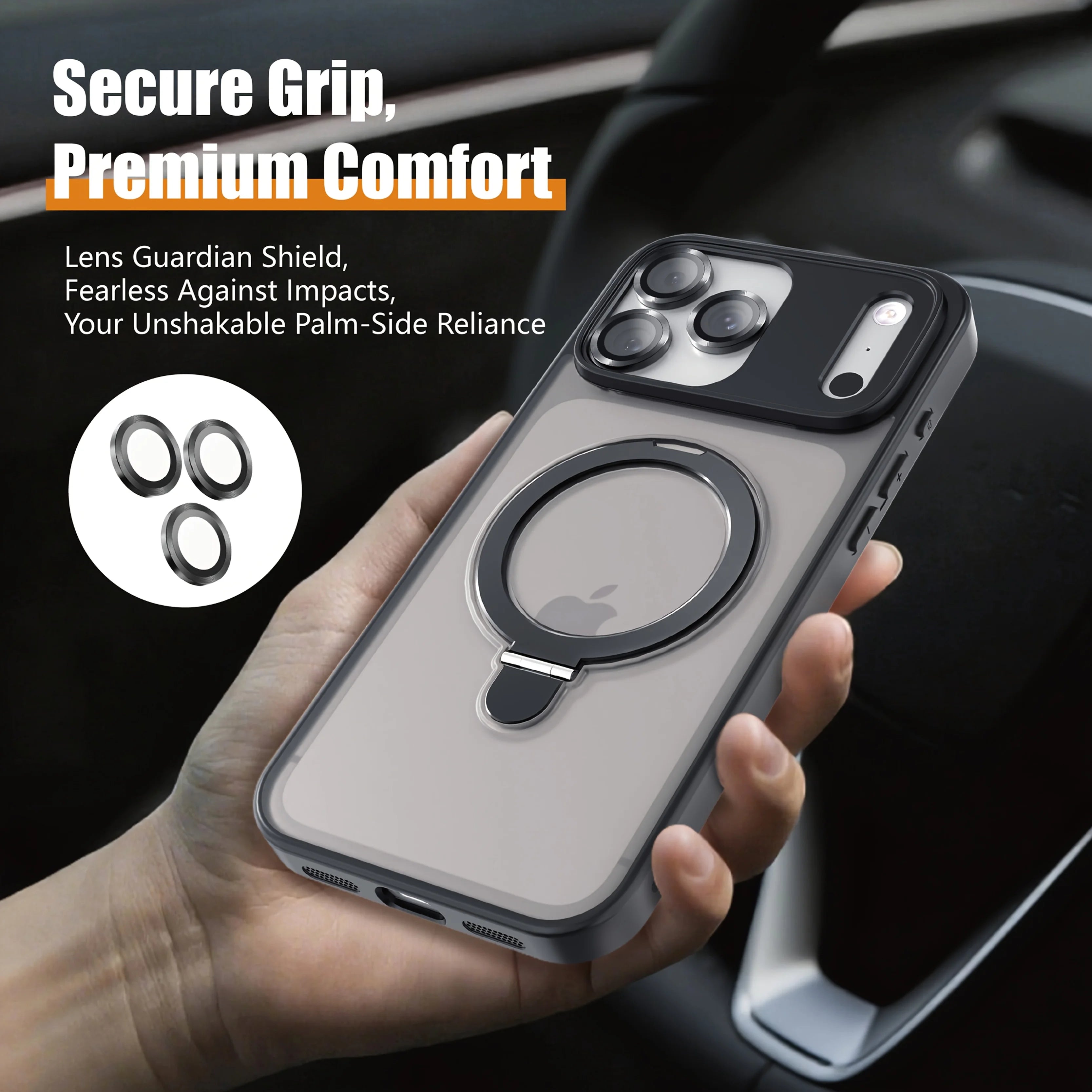 Matte MagSafe phone case with ring holder, gray finish, camera cutouts and MagSafe-style ring