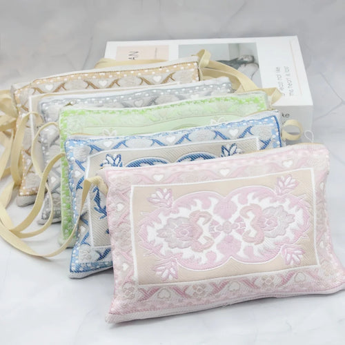 Pastel prayer rug gift set with embroidered pouches and bead strands
