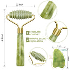 Green jade roller with spiked head and round roller plate, gold handle base