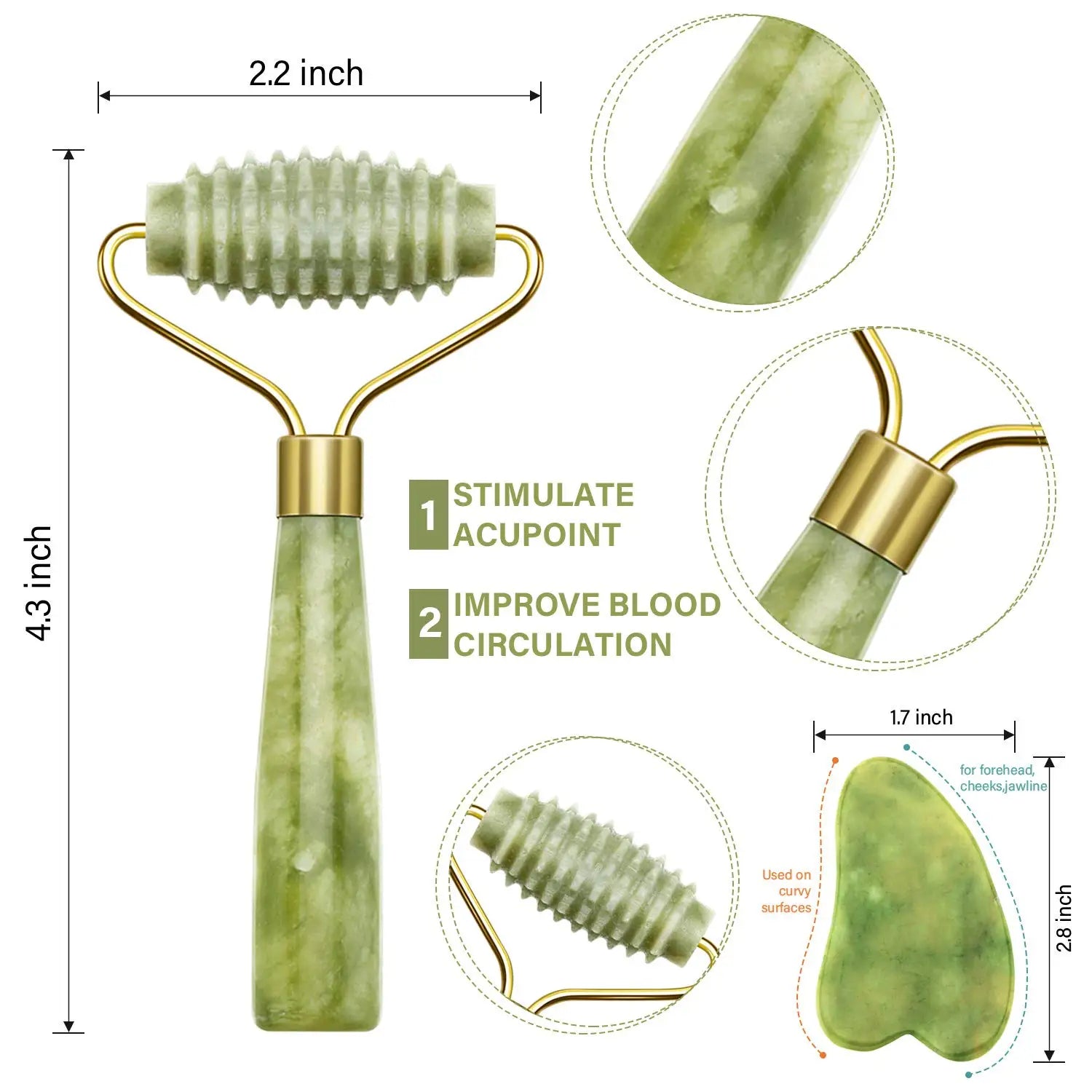 Green jade roller with spiked head and round roller plate, gold handle base