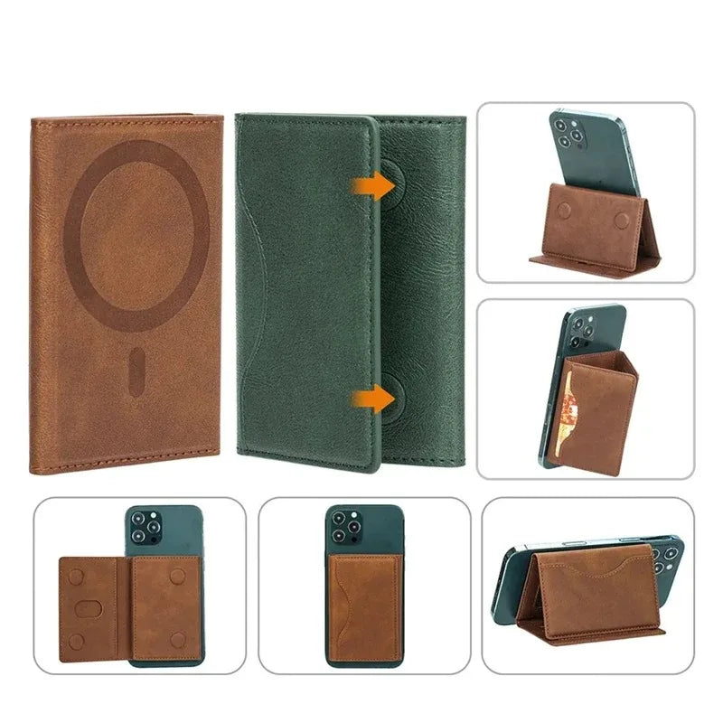 Brown and green magnetic card holders with circular magnet and flip phone stand