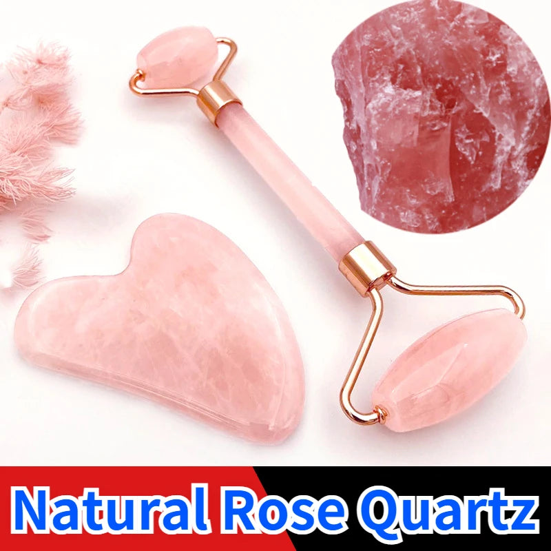 Rose quartz glow roller with pink heart stone and gold-tone handles