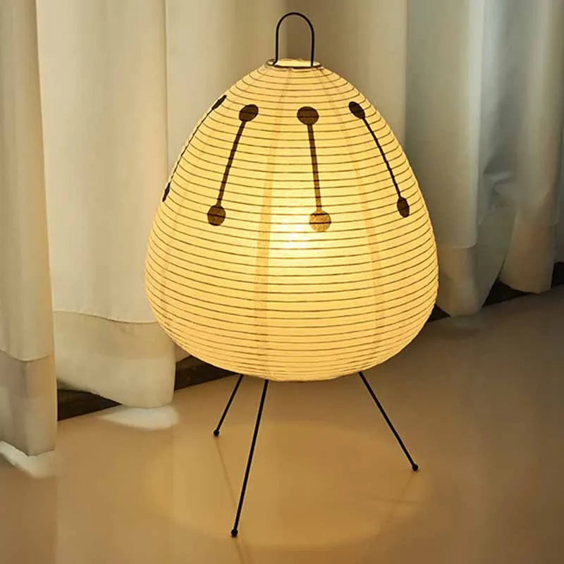 Artisan paper bedside lamp, globe shade with drawn lines and dots, tripod metal legs