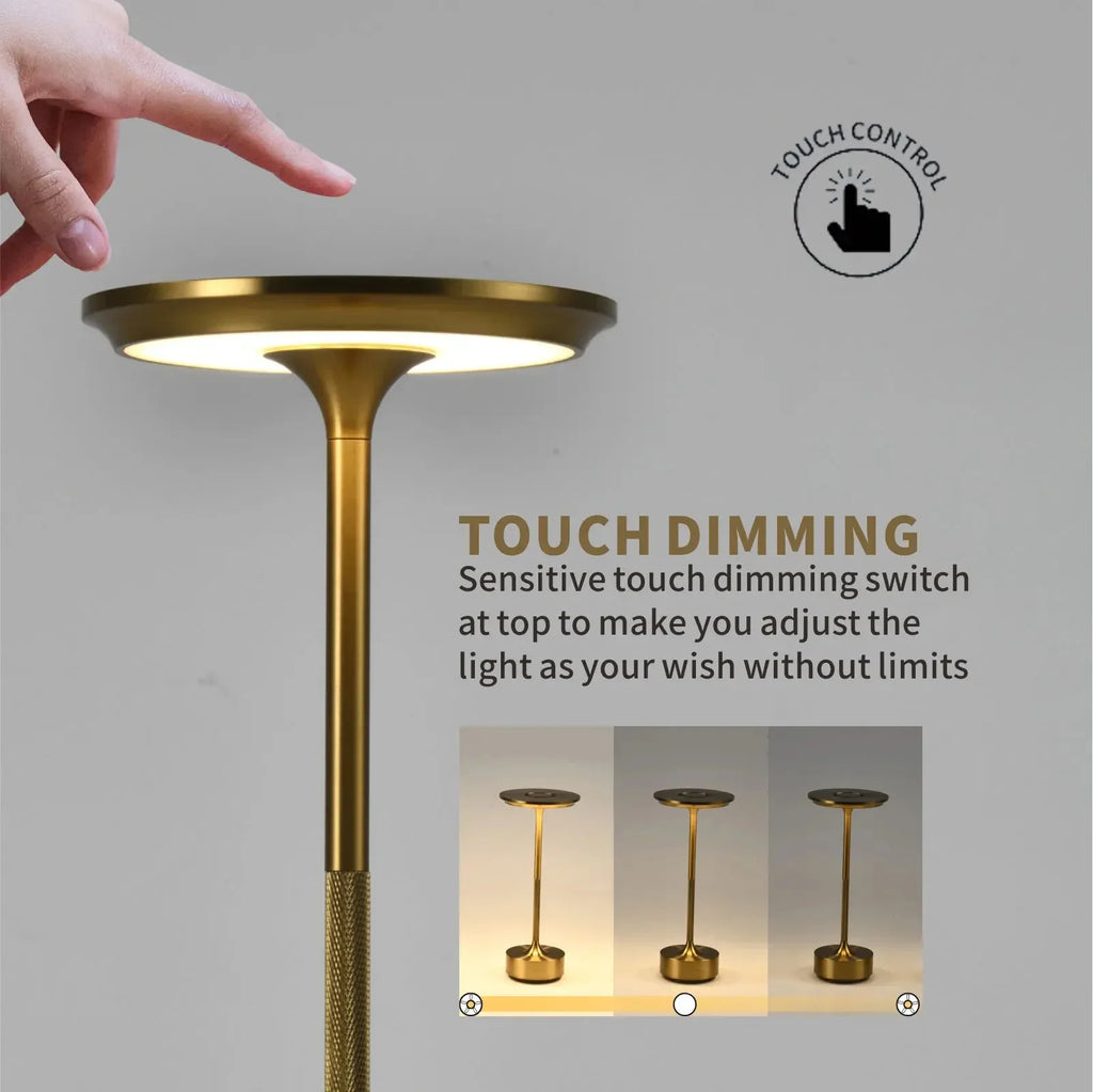 Gold cordless touch reading lamp top with touch sensor on circular light cap