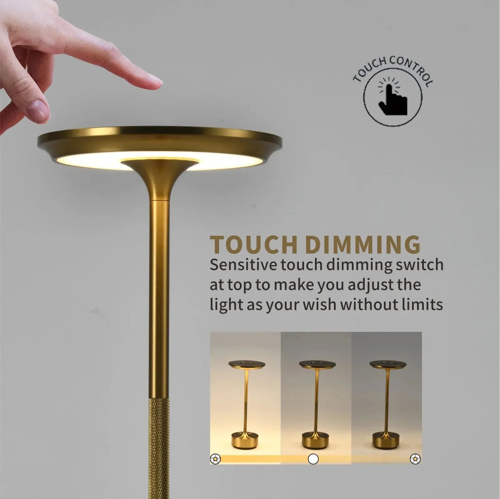 Gold cordless touch reading lamp top with touch sensor on circular light cap