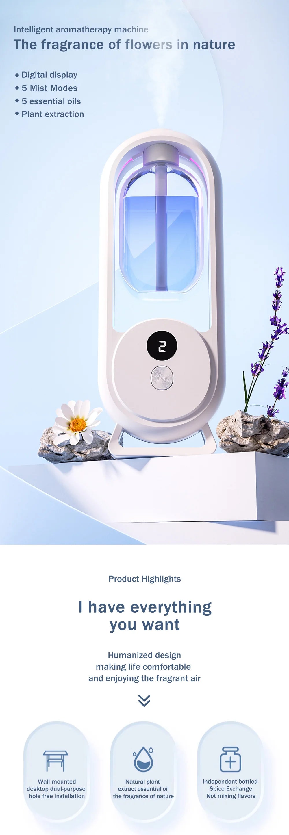 White aroma diffuser with blue-lit chamber, digital display, and lavender sprig