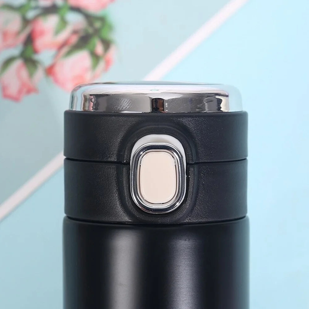 Black 400ml smart thermos lid with oval push button and stainless rim