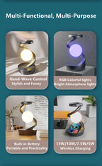 Floating table lamp shown in multiple modes: white glow, RGB color, wireless charging