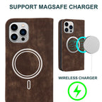 Cognac brown MagSafe wallet with built-in wireless charging alignment on back