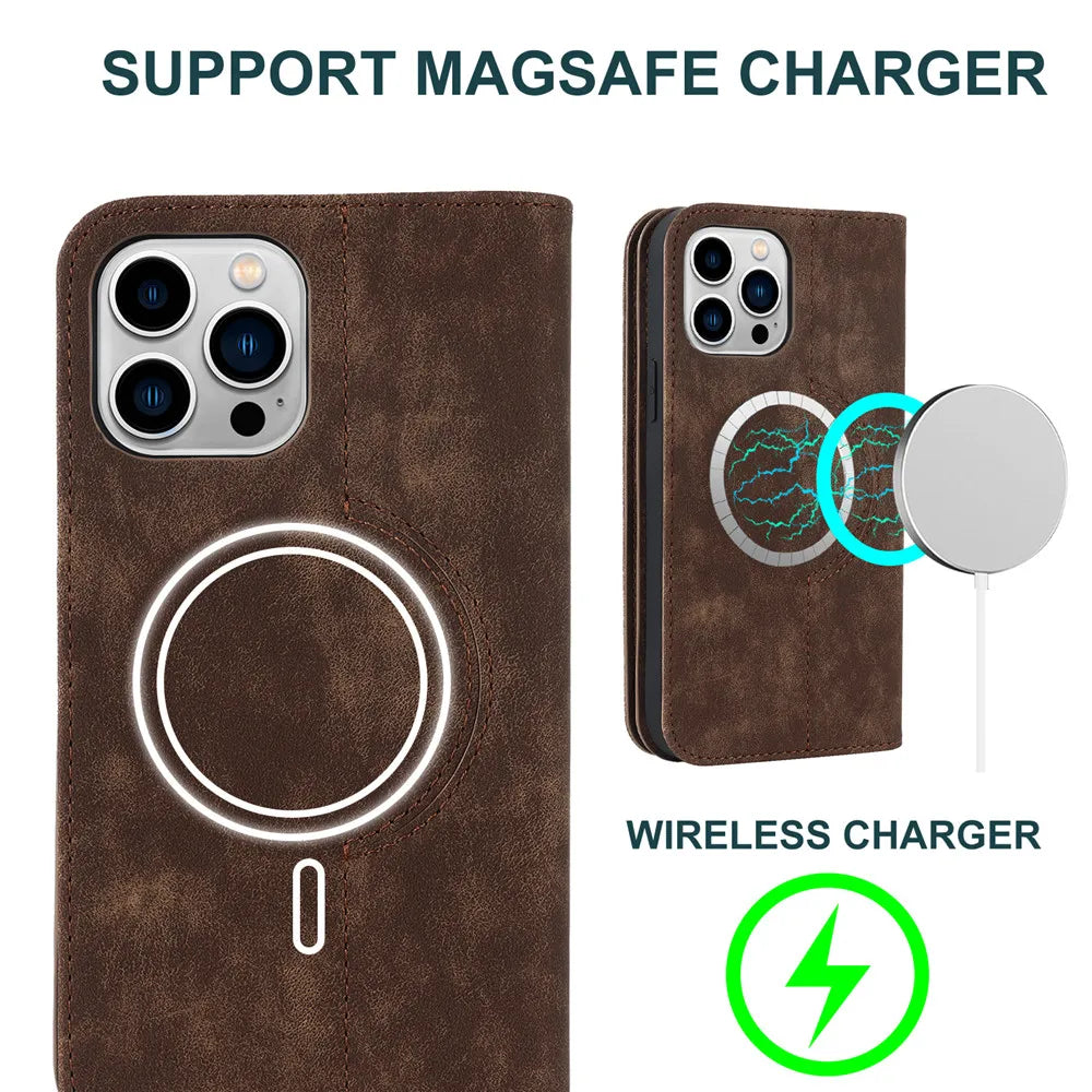 Cognac brown MagSafe wallet with built-in wireless charging alignment on back