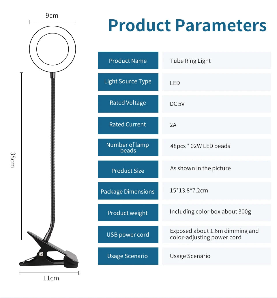 Black ring light lamp with flexible cable and clip base, shown with size outline