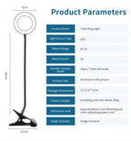 Black ring light lamp with flexible cable and clip base, shown with size outline