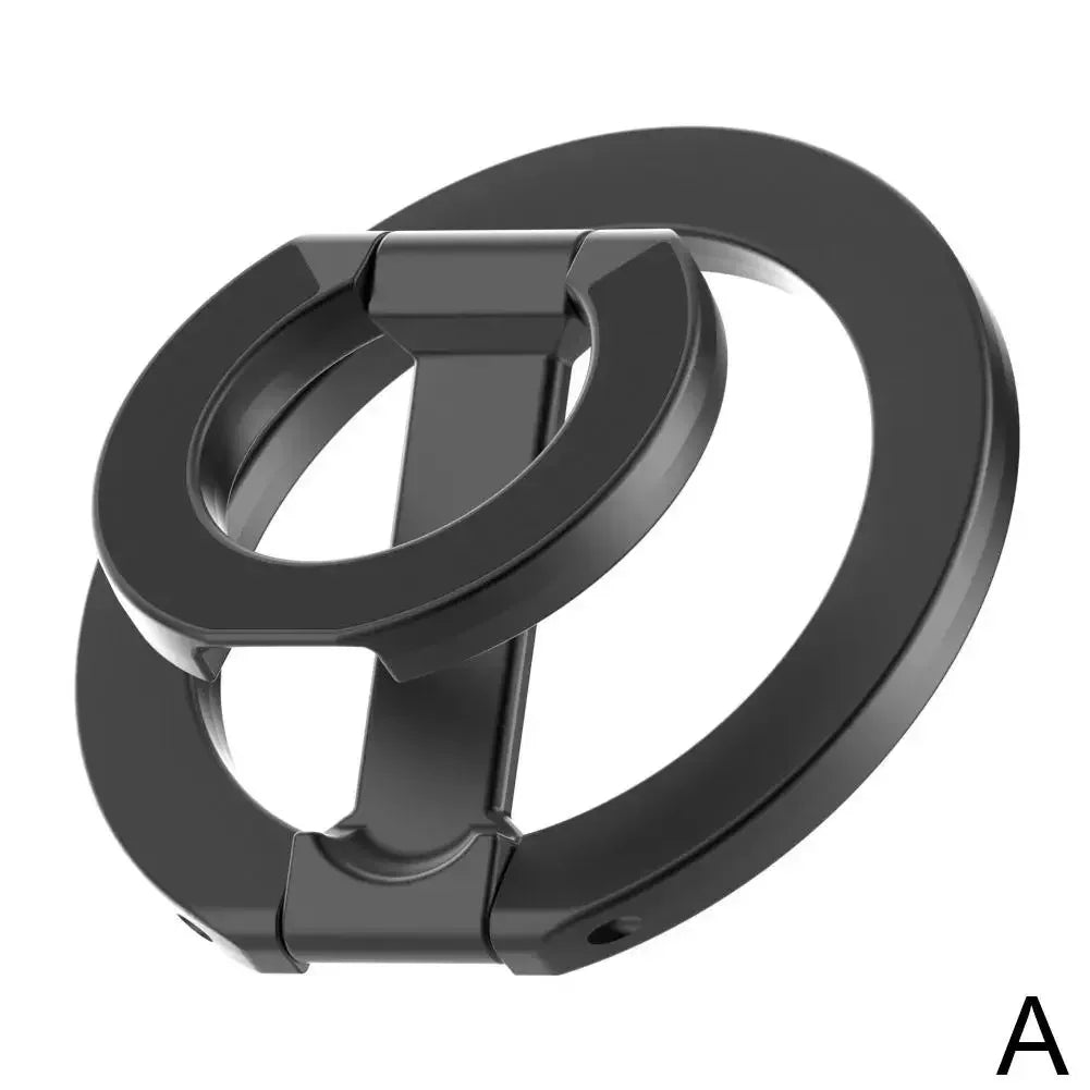 Black MagSafe ring phone stand with hinged circular ring base