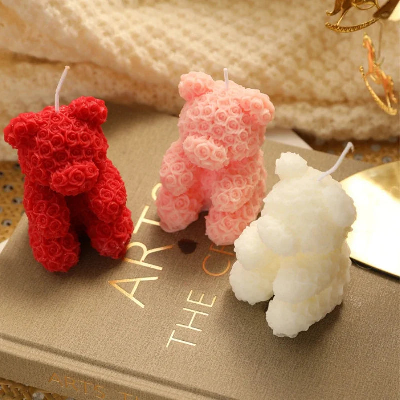 Rose bear scented candle set: red, pink, and ivory bear candles with wicks