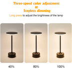 Cordless reading lamp showing three brightness levels; round dark shade and slim stem
