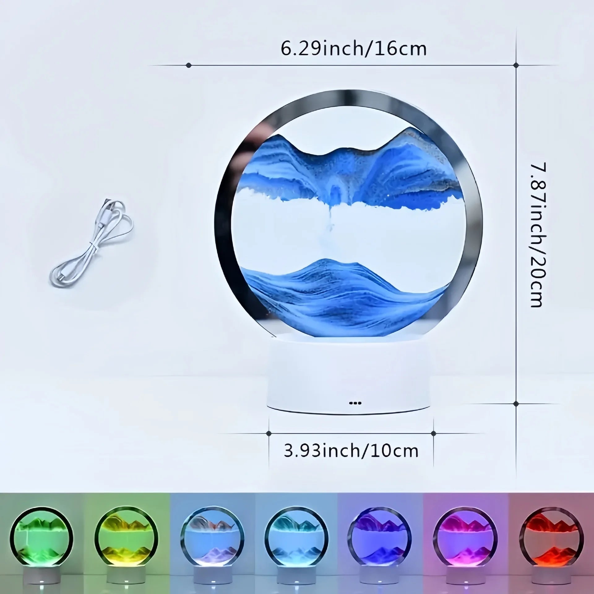 White cordless reading lamp; round sand window with blue landscape under glowing LED ring