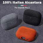 Alcantara AirPods case colors: black, gray, and amber orange; rounded closed design
