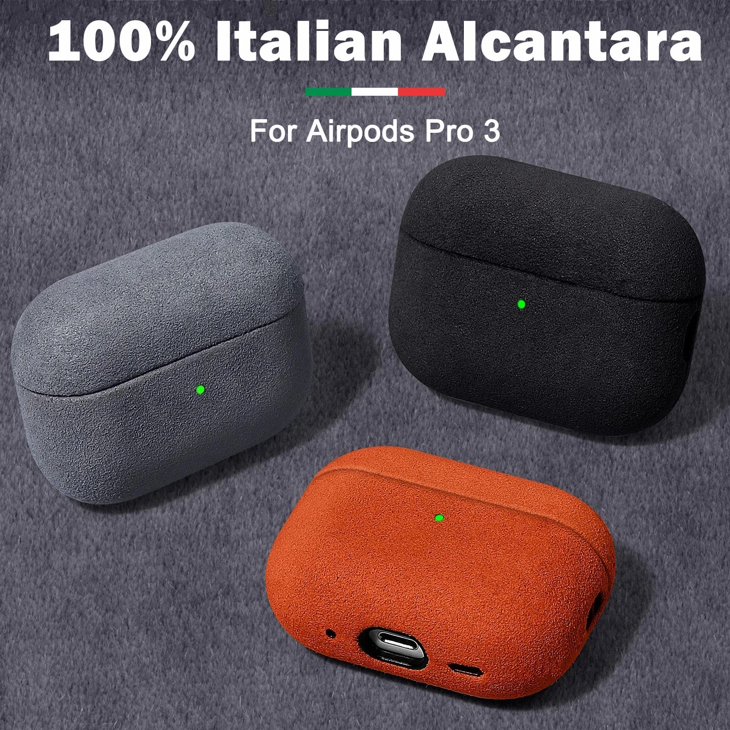 Alcantara AirPods case colors: black, gray, and amber orange; rounded closed design