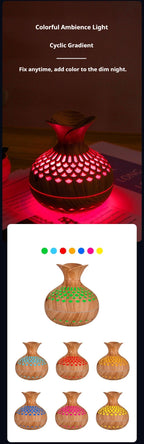 Wood grain mini vase humidifier with multicolor LED light display options shown