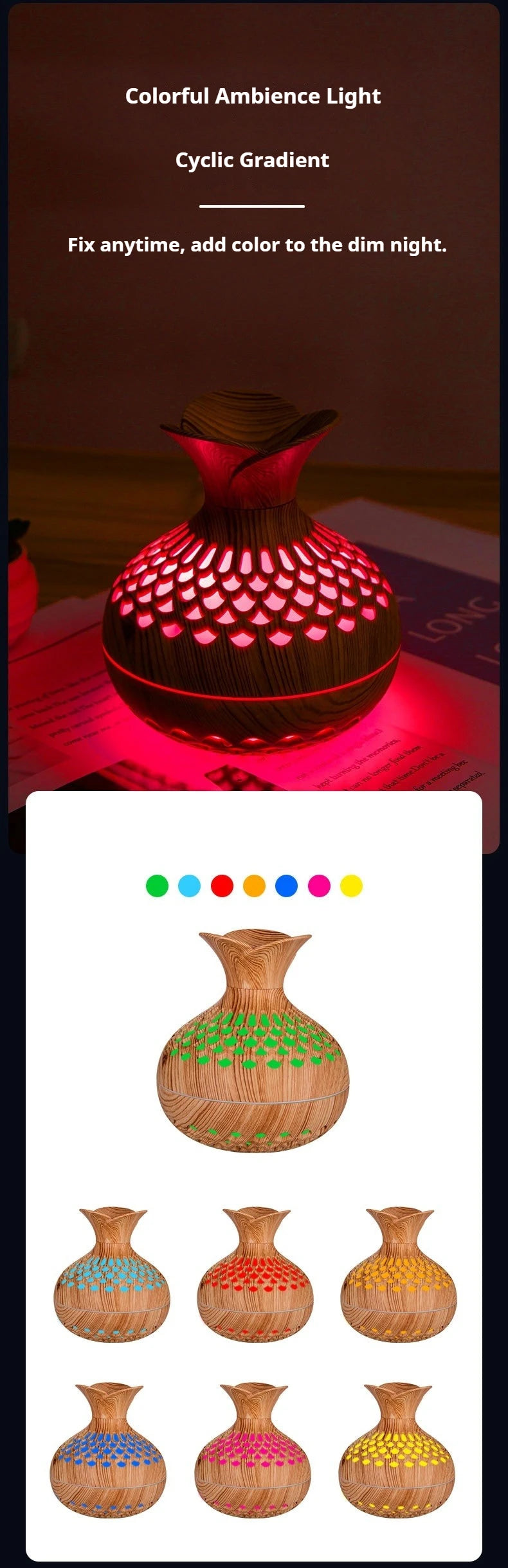 Wood grain mini vase humidifier with multicolor LED light display options shown
