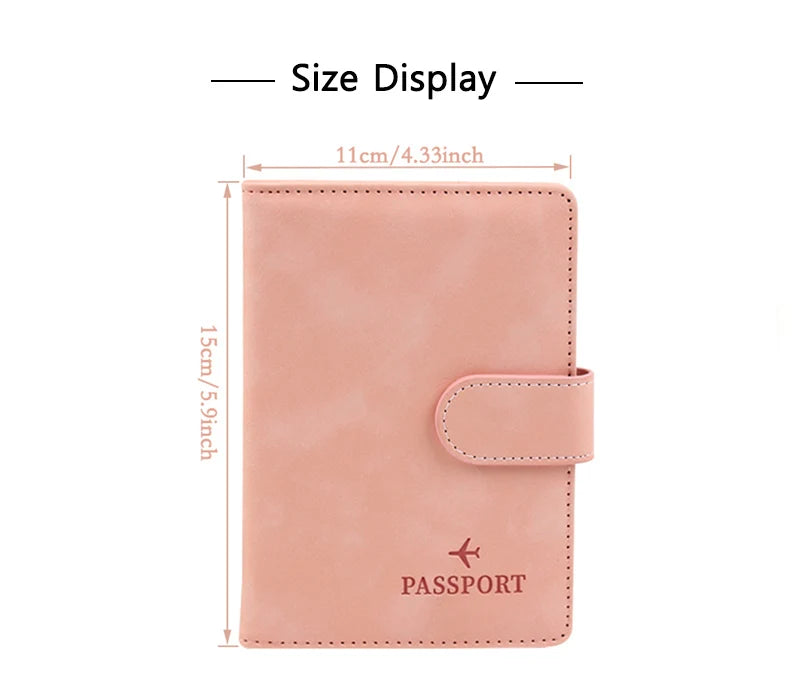 Blush passport folio size shown with fold-over flap and snap strap, 11 cm x 15 cm
