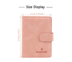 Blush passport folio size shown with fold-over flap and snap strap, 11 cm x 15 cm