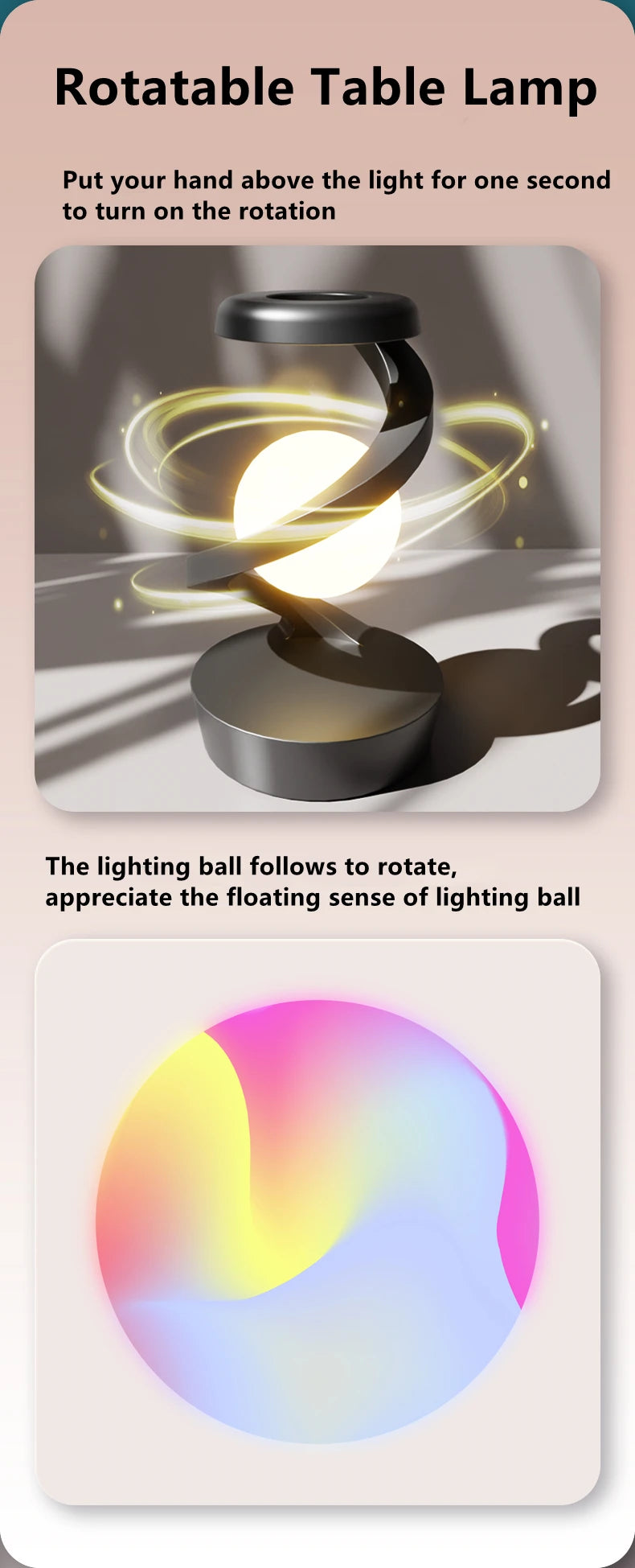 Rotatable floating table lamp with glowing orb rotating, RGB color light
