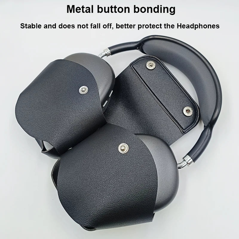 Black protective cover case with metal button fasteners on the ear cup area