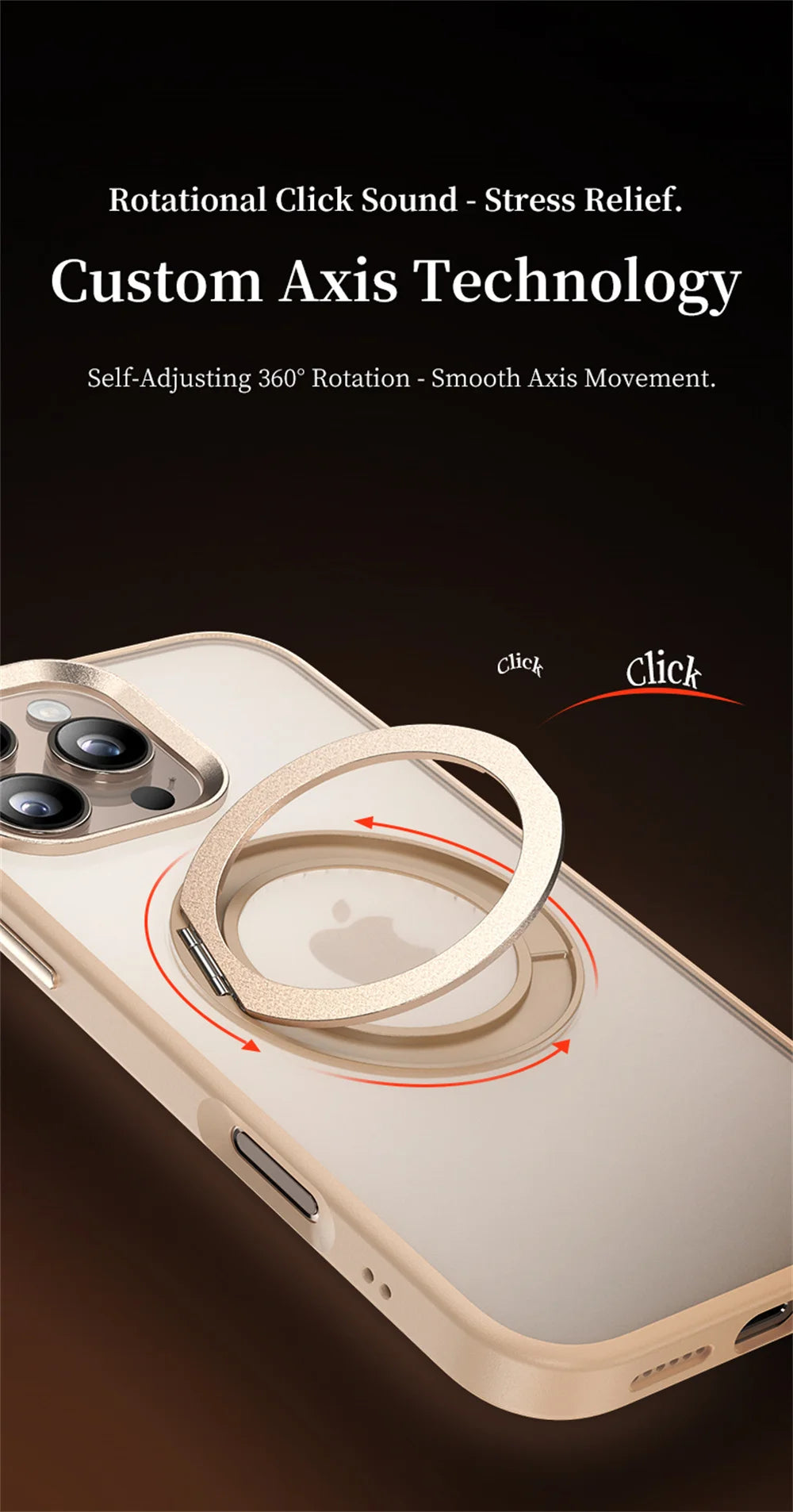 Champagne gold rotating MagSafe case with pivot ring near camera area
