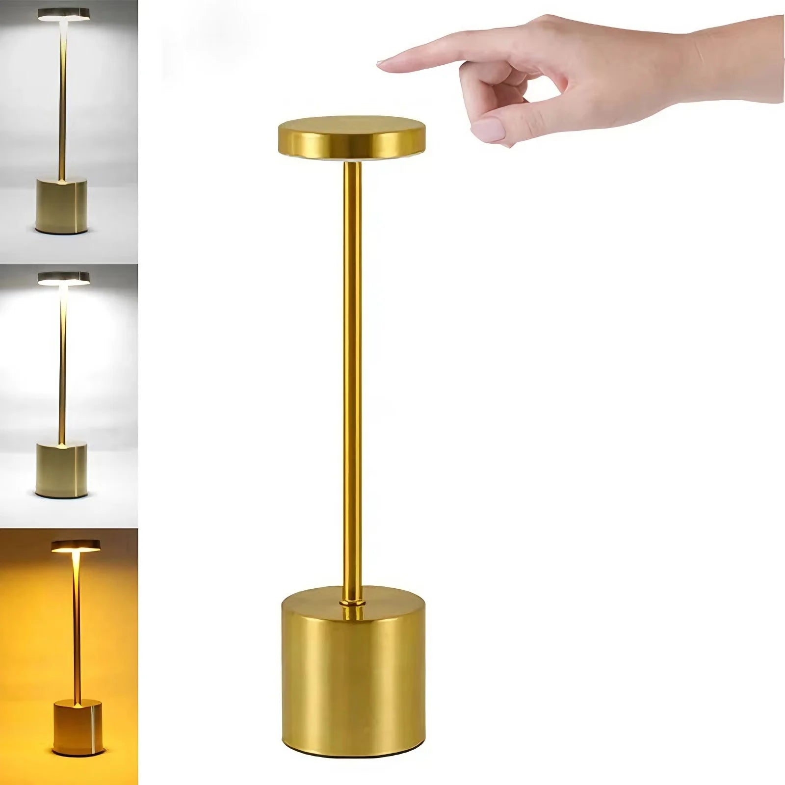 Gold cordless reading lamp with touch top, finger pressing to switch on