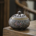 Retro Brown enamel lotus incense burner, domed lid with cutout vents and floral band